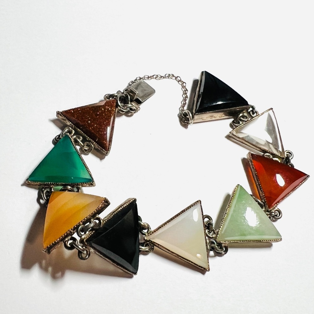 Vintage Midcentury Bracelet - Triangle Faceted Semi Precious Stones - Silver - Picture 7 of 11